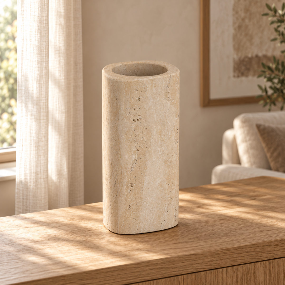 ZenPebble Decorative Vases in Italian Classico Travertine in warm natural home light, one complete product