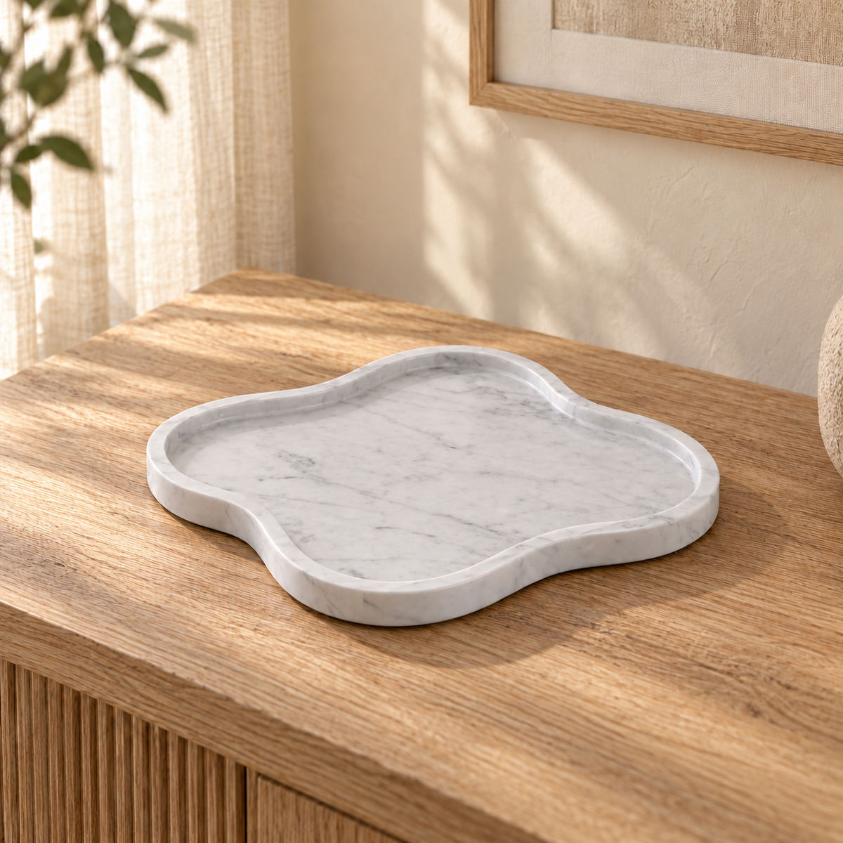 LakeMist Decorative Tray in Italian Carrara Marble in warm natural home light, one complete product