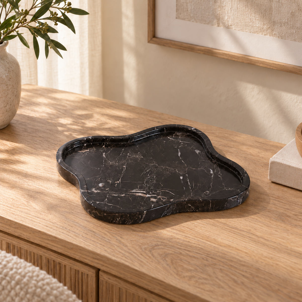 LakeMist Decorative Tray in Spanish Emperador Marble in warm natural home light, one complete product