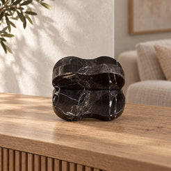LakeMist Marble Decor, dark Emperador marble, low frontal Hero, in a warm oak and linen interior