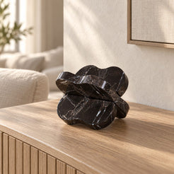 LakeMist Marble Decor, dark Emperador marble, middle opposite three-quarter, in a warm oak and linen interior