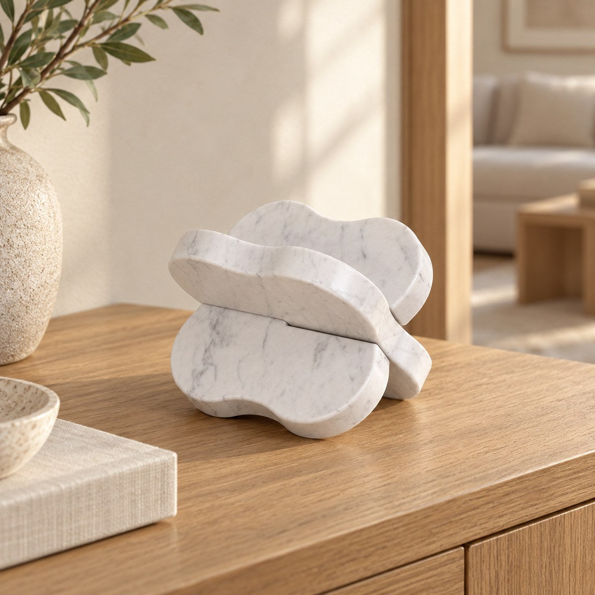 LakeMist Marble Decor, Italian Carrara Marble, single configuration in a warm naturally lit oak interior