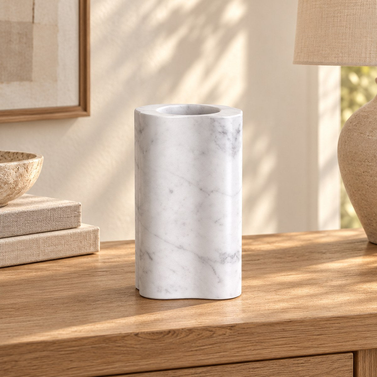 LakeMist Decorative Vases, low frontal Hero, warm natural light in a premium home interior