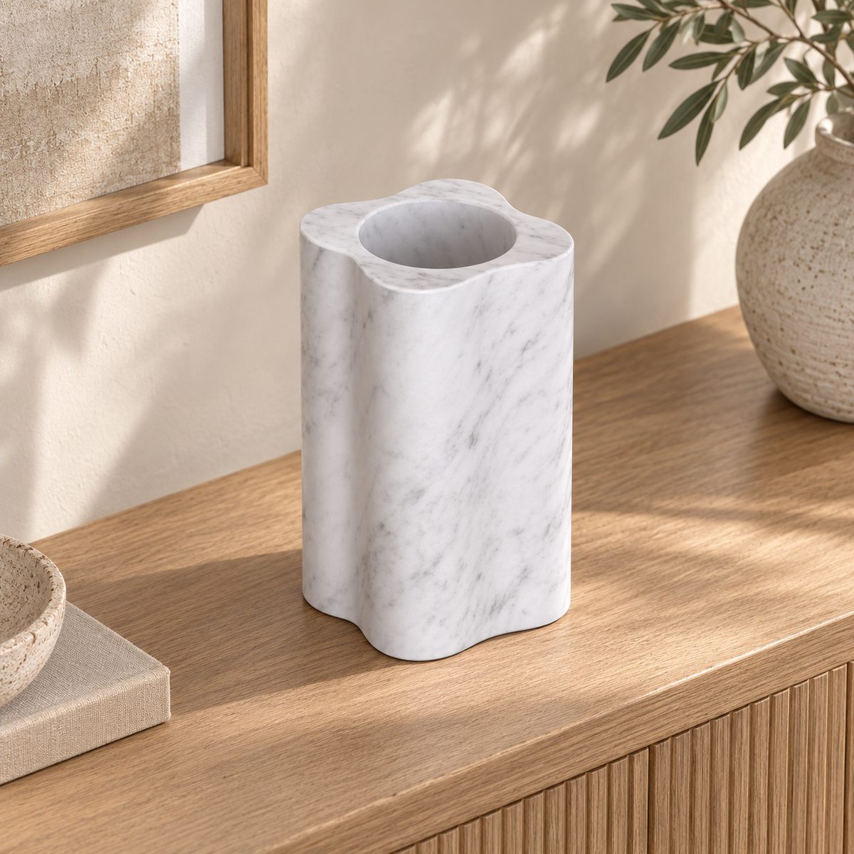 LakeMist Decorative Vases, high left three-quarter, warm natural light in a premium home interior