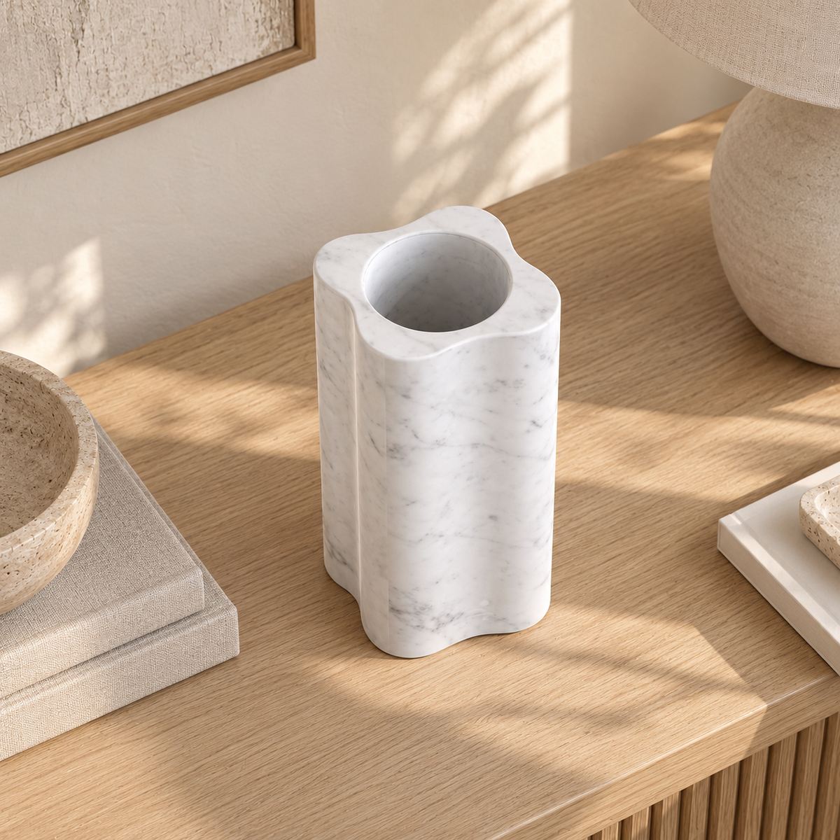 LakeMist Decorative Vases, very high opposite three-quarter, warm natural light in a premium home interior