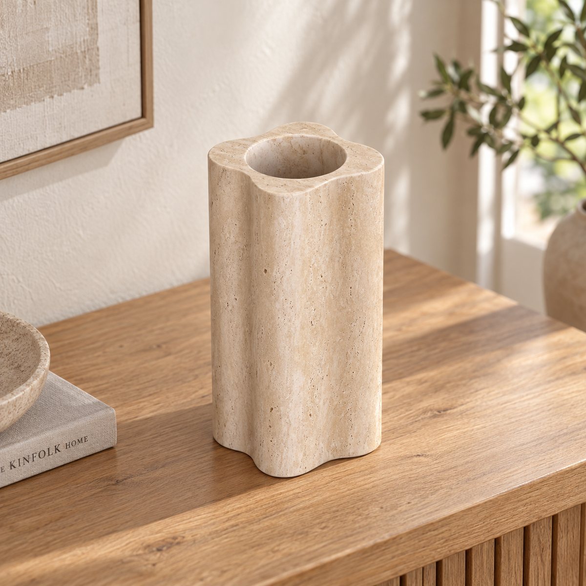 LakeMist Decorative Vases, Italian Classico Travertine, single configuration in a warm naturally lit oak interior