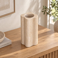 LakeMist Decorative Vases, Italian Classico Travertine, single configuration in a warm naturally lit oak interior