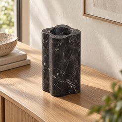 LakeMist Decorative Vases, Spanish Emperador Marble, single configuration in a warm naturally lit oak interior