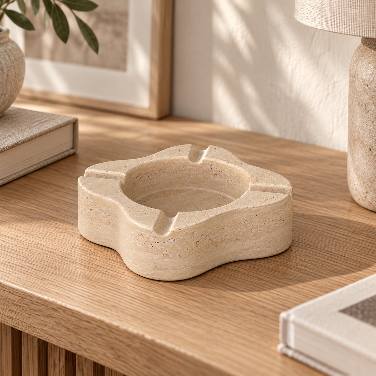 LakeMist Marble Ashtray, low frontal Hero, warm natural light in a premium home interior