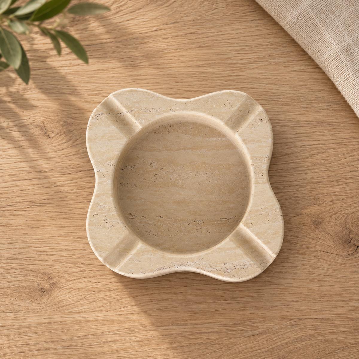 LakeMist Marble Ashtray, direct overhead, warm natural light in a premium home interior