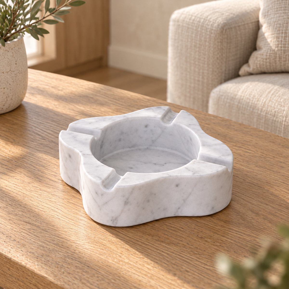LakeMist Marble Ashtray, Italian Carrara Marble, single configuration in a warm naturally lit oak interior