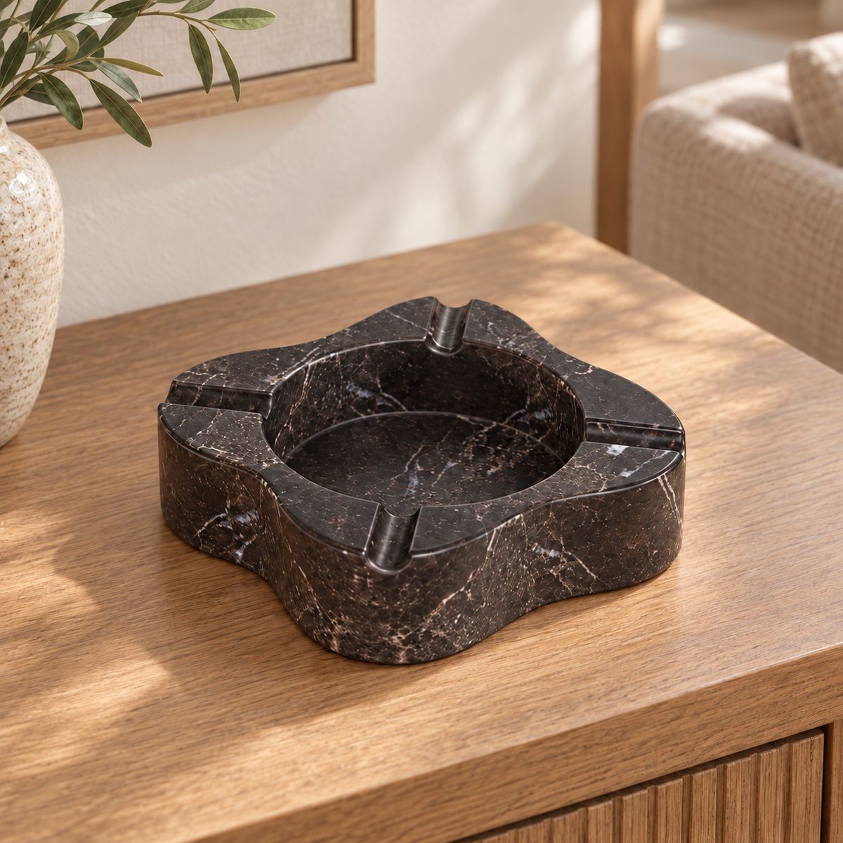 LakeMist Marble Ashtray, Spanish Emperador Marble, single configuration in a warm naturally lit oak interior