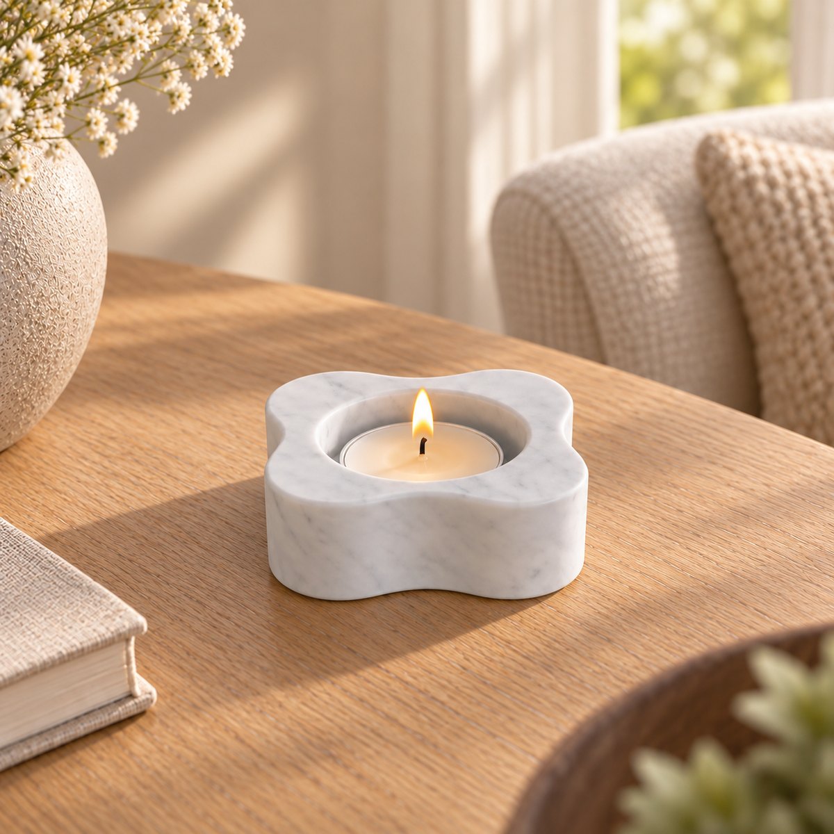LakeMist Candle Holders, low frontal Short-variant Hero, warm natural light in a premium home interior