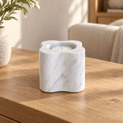 LakeMist Candle Holders, Italian Carrara Marble, Tall, single configuration in a warm naturally lit oak interior
