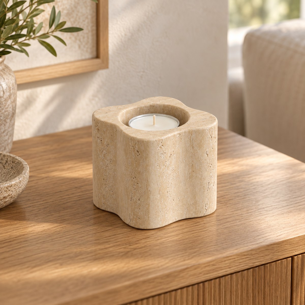 LakeMist Candle Holders, Italian Classico Travertine, Tall, single configuration in a warm naturally lit oak interior