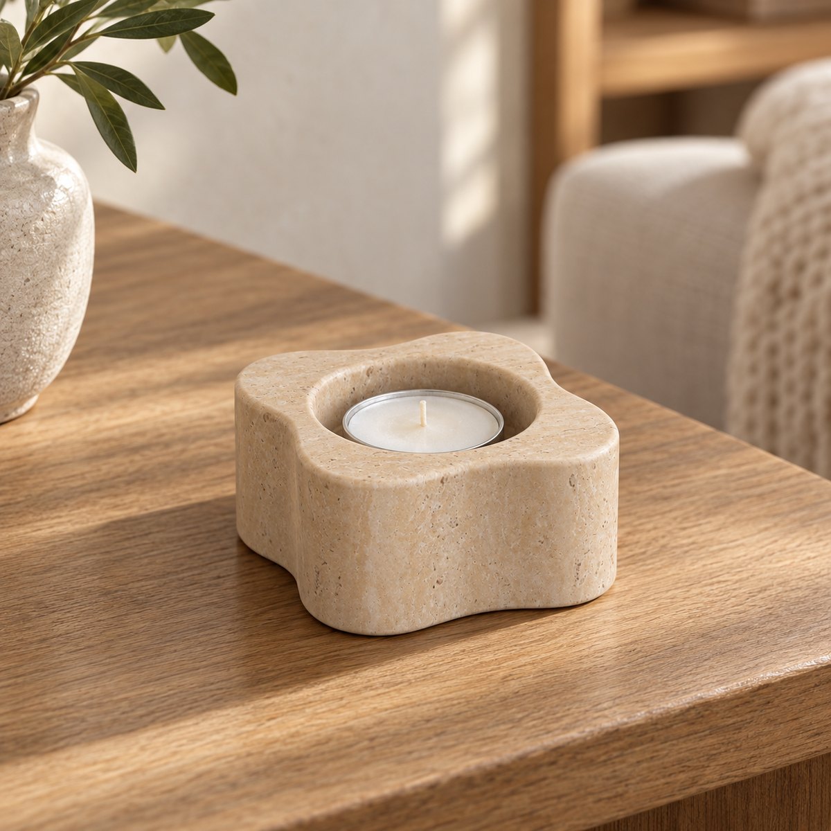 LakeMist Candle Holders, Italian Classico Travertine, Short, single configuration in a warm naturally lit oak interior