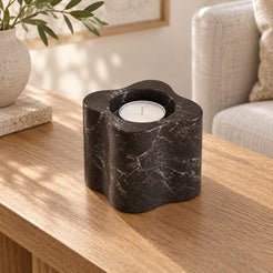 LakeMist Candle Holders, Spanish Emperador Marble, Tall, single configuration in a warm naturally lit oak interior