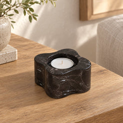 LakeMist Candle Holders, Spanish Emperador Marble, Short, single configuration in a warm naturally lit oak interior