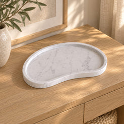 PeaPod Decorative Tray, high left diagonal three-quarter, warm natural light in a premium home interior