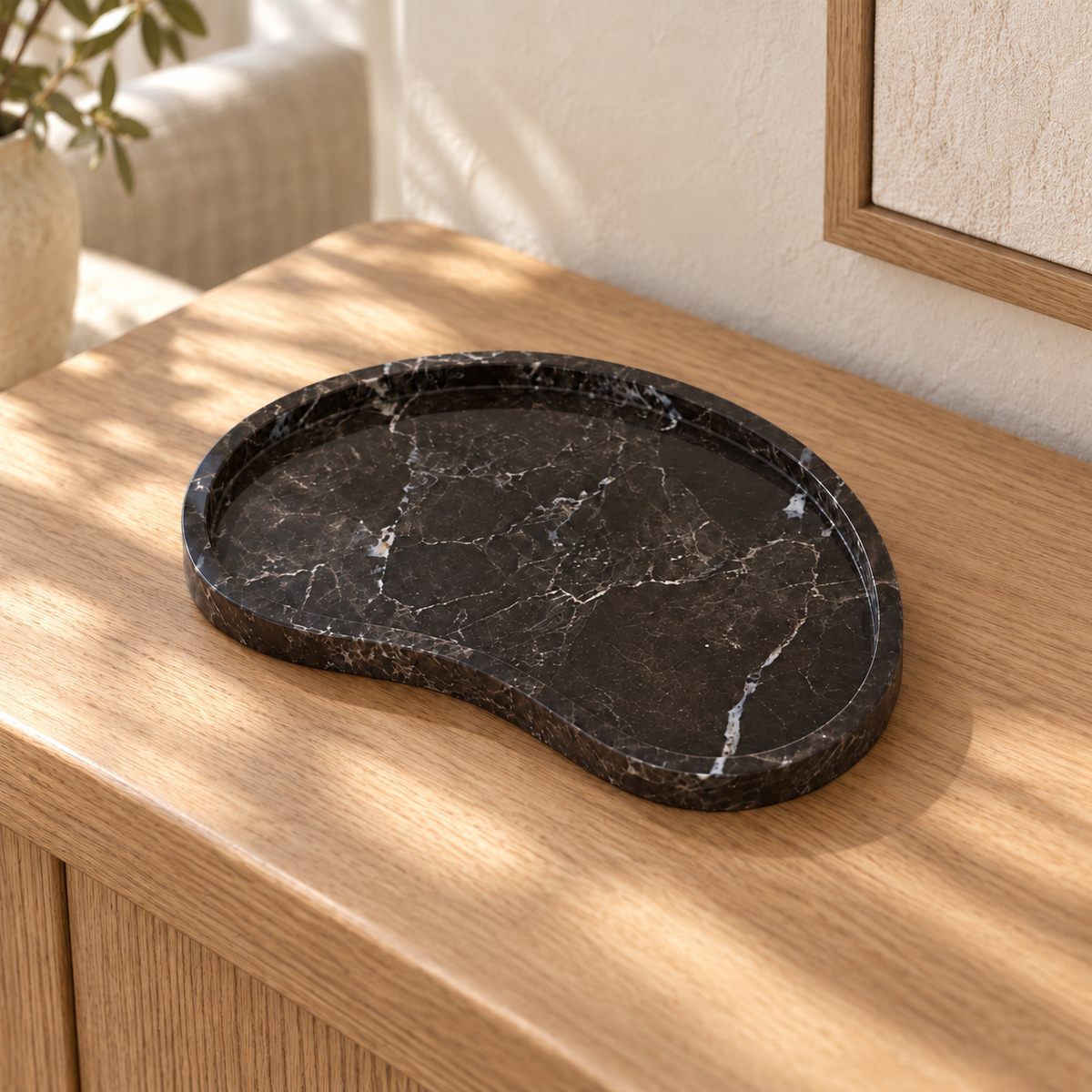 PeaPod Decorative Tray, Spanish Emperador Marble, single configuration in a warm naturally lit oak interior