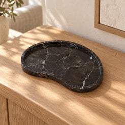 PeaPod Decorative Tray, Spanish Emperador Marble, single configuration in a warm naturally lit oak interior