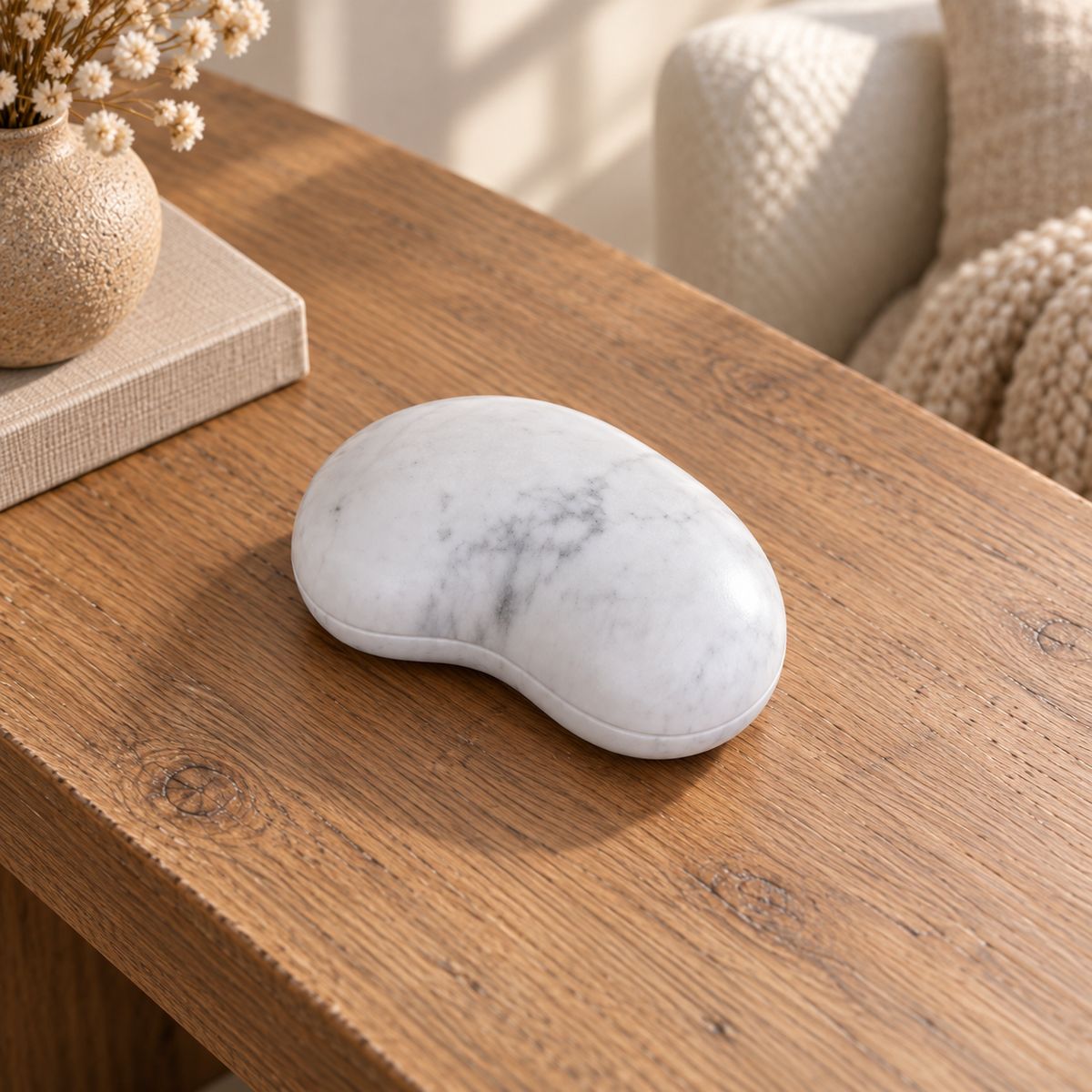 PeaPod Marble Decor, high left domed-bean Hero, warm natural light in a premium home interior