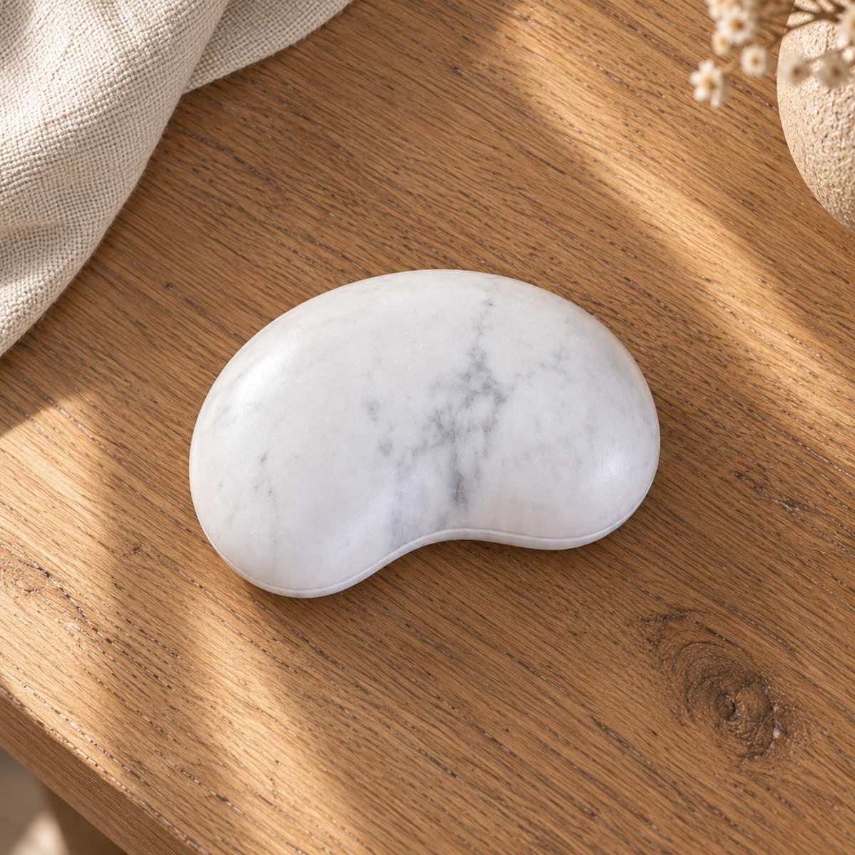 PeaPod Marble Decor, direct overhead bean plan, warm natural light in a premium home interior