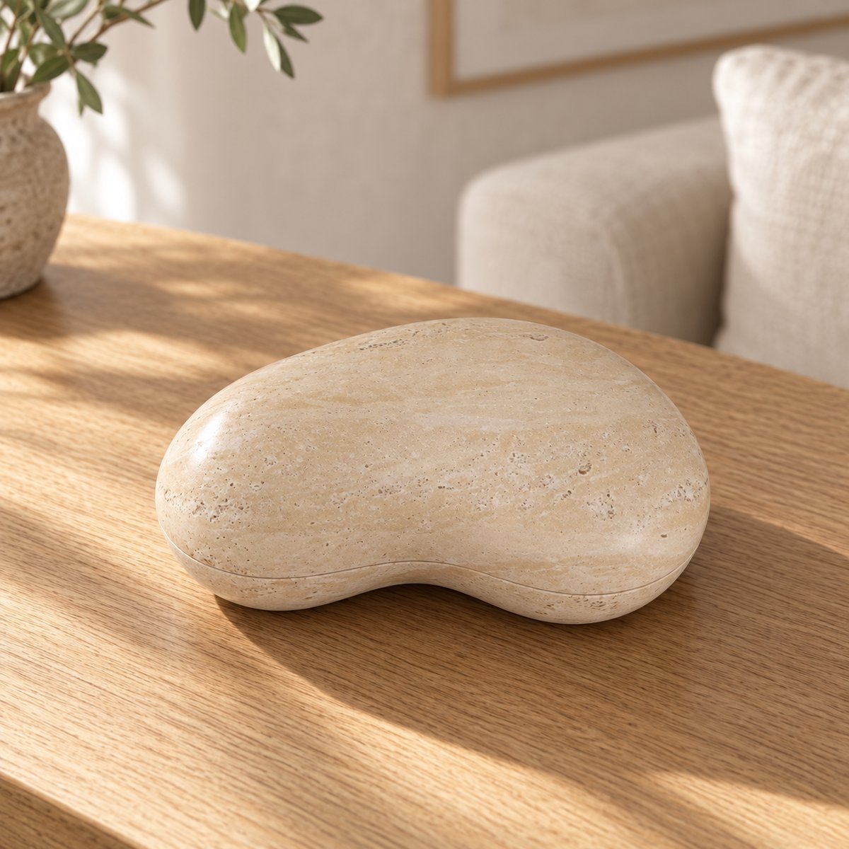 PeaPod Marble Decor, Italian Classico Travertine, single configuration in a warm naturally lit oak interior