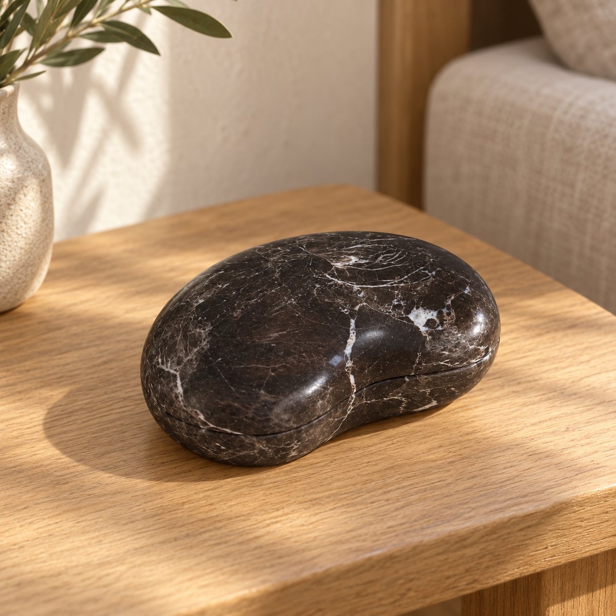 PeaPod Marble Decor, Spanish Emperador Marble, single configuration in a warm naturally lit oak interior