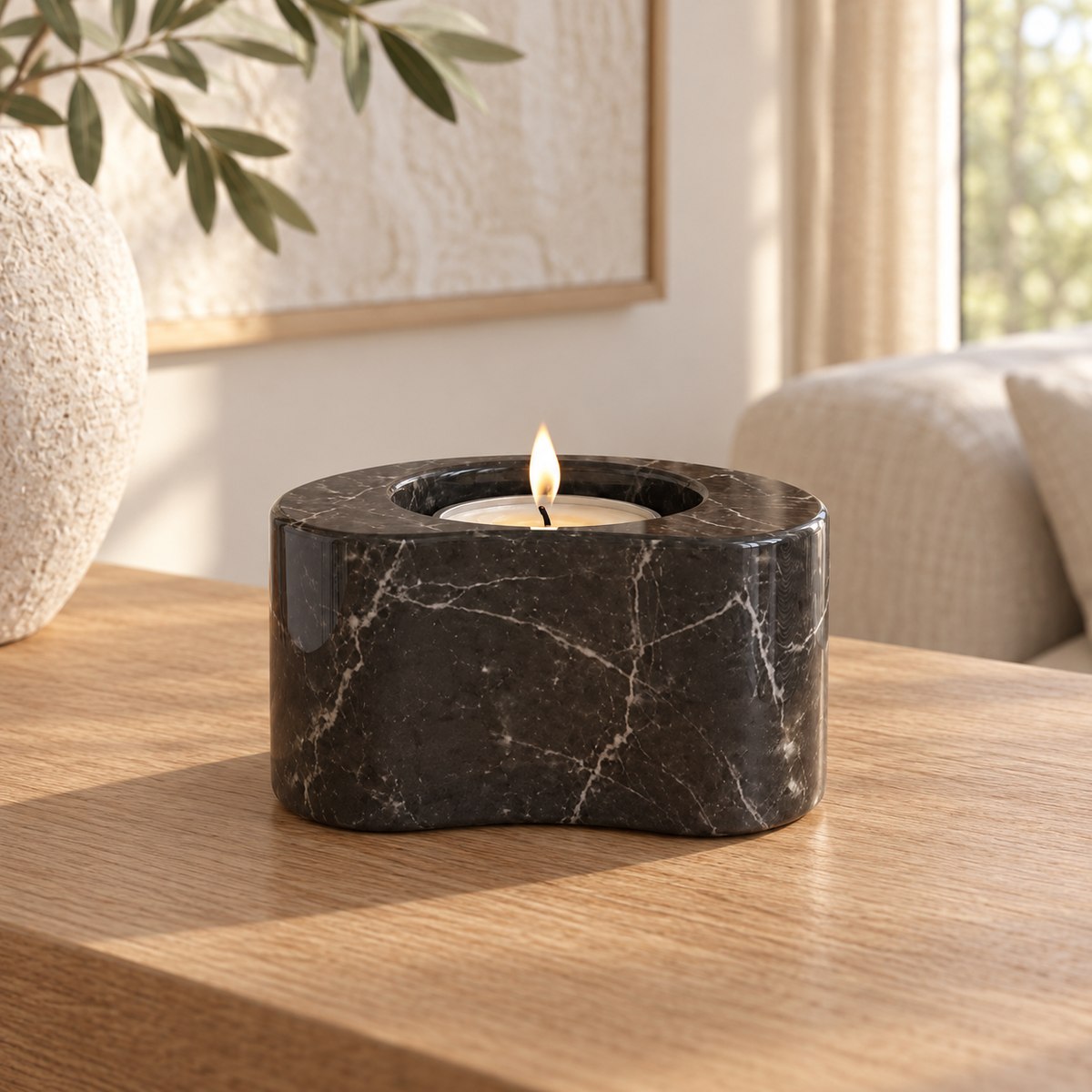 PeaPod Marble Candle Holders, low frontal Short dark-Emperador Hero, warm natural light in a premium home interior