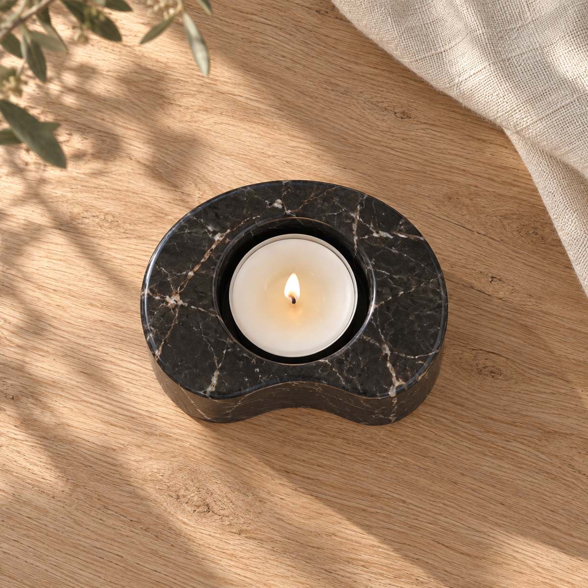 PeaPod Marble Candle Holders, near-overhead Short bean plan, warm natural light in a premium home interior
