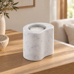 PeaPod Marble Candle Holders, Italian Carrara Marble, Tall, single configuration in a warm naturally lit oak interior