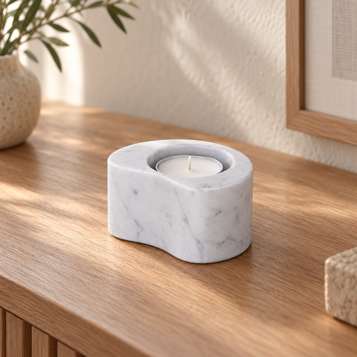 PeaPod Marble Candle Holders, Italian Carrara Marble, Short, single configuration in a warm naturally lit oak interior