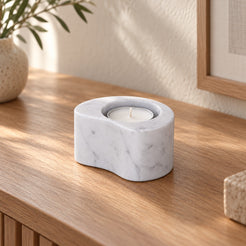 PeaPod Marble Candle Holders, Italian Carrara Marble, Short, single configuration in a warm naturally lit oak interior