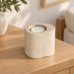 PeaPod Marble Candle Holders, Italian Classico Travertine, Tall, single configuration in a warm naturally lit oak interior