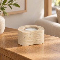 PeaPod Marble Candle Holders, Italian Classico Travertine, Short, single configuration in a warm naturally lit oak interior