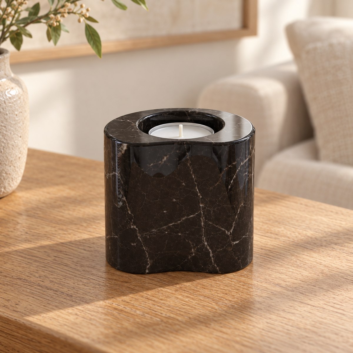 PeaPod Marble Candle Holders, Spanish Emperador Marble, Tall, single configuration in a warm naturally lit oak interior