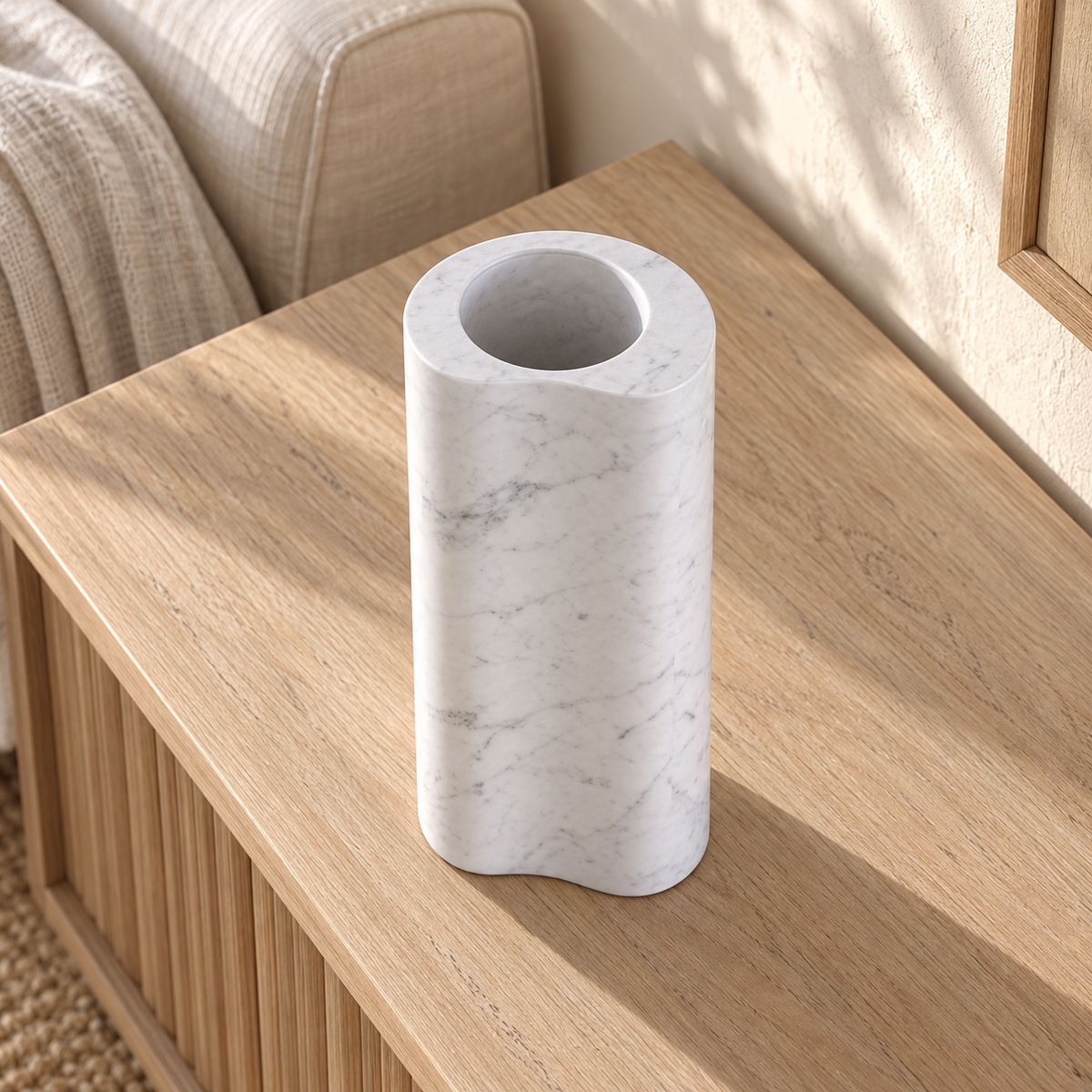 PeaPod Decorative Vases, very high opposite hollow bean vase, warm natural light in a premium home interior