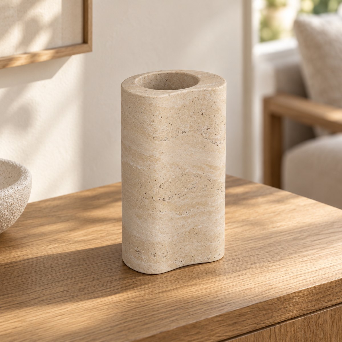 PeaPod Decorative Vases, Italian Classico Travertine, single configuration in a warm naturally lit oak interior