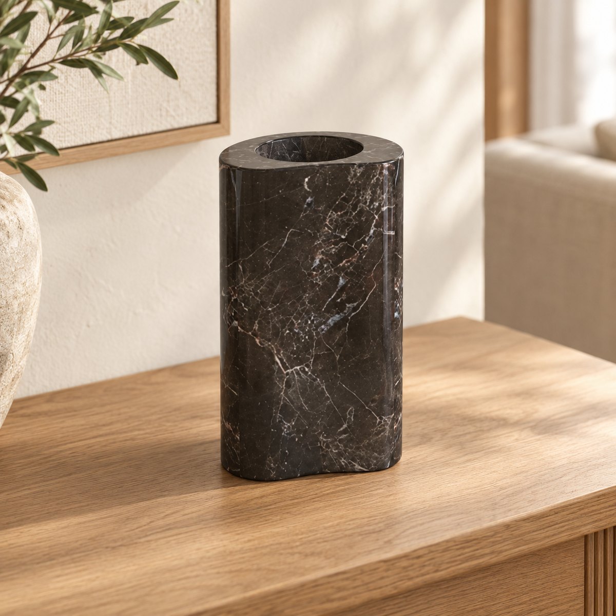 PeaPod Decorative Vases, Spanish Emperador Marble, single configuration in a warm naturally lit oak interior