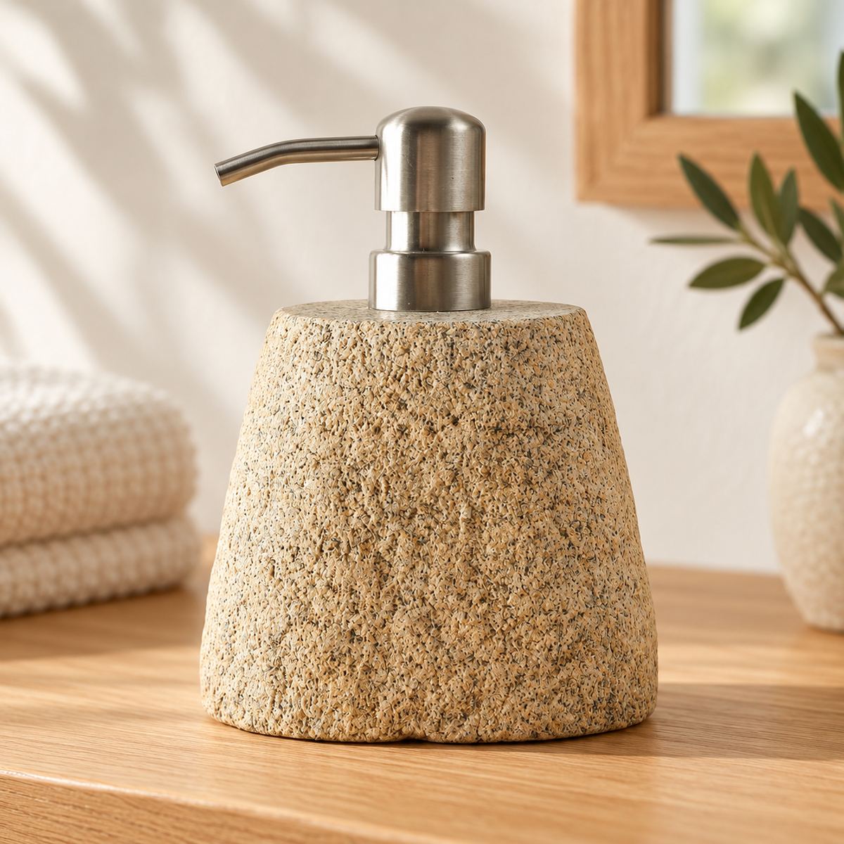 Rustic Stone Soap Dispenser - Cobble Pebble Stones, low frontal Rustic Stone dispenser Hero, warm natural light in a premium home interior