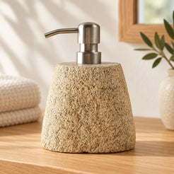 Rustic Stone Soap Dispenser - Cobble Pebble Stones, low frontal Rustic Stone dispenser Hero, warm natural light in a premium home interior