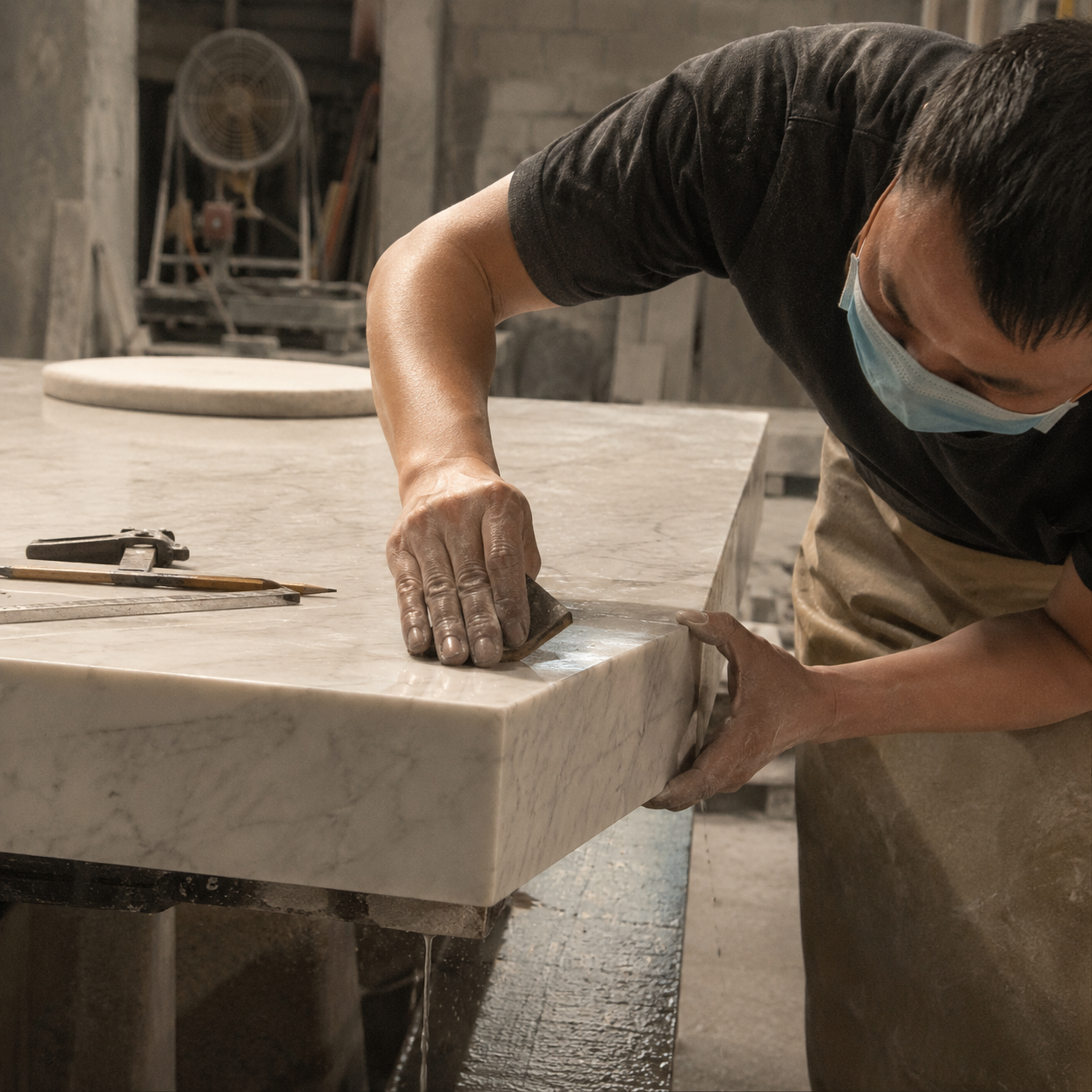 Artisan shaping a carved natural stone table by hand in warm workshop light