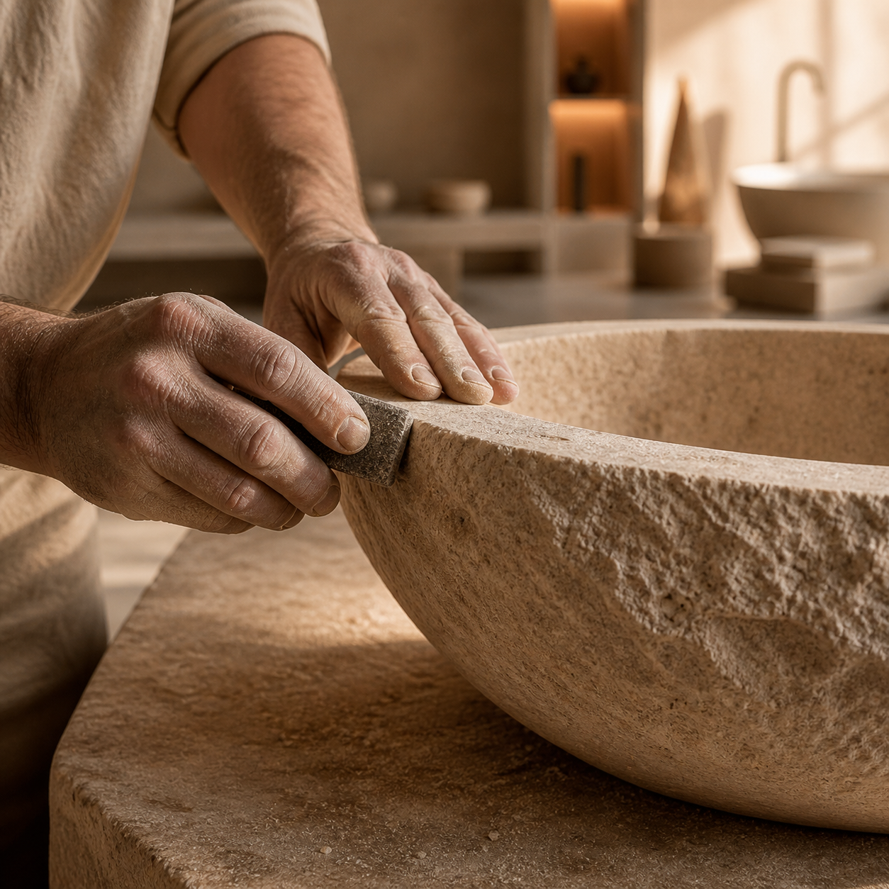 Hands carefully refining a carved natural stone basin by hand