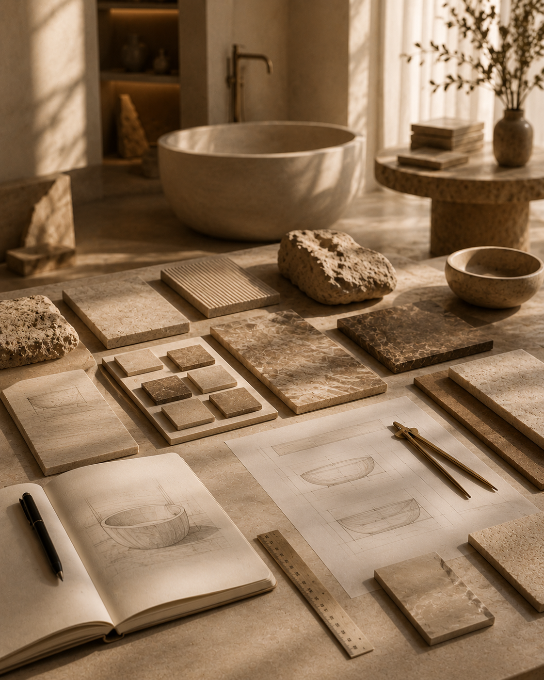 Warm custom bath project planning scene with natural stone samples and design sketches