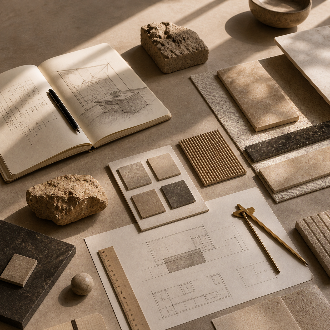 Natural stone samples, drawings, and planning tools for OIXDESIGN custom project support