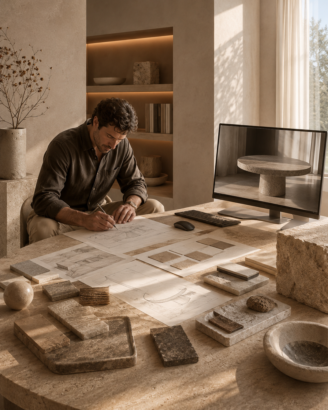 Designer working with natural stone materials in a warm studio setting for custom project development