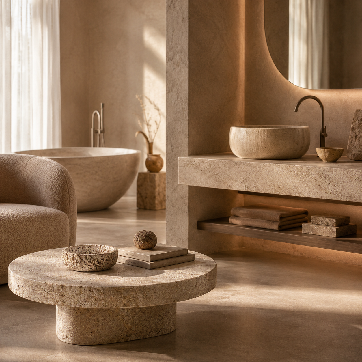 Warm interior featuring OIXDESIGN natural stone furniture and bath design elements