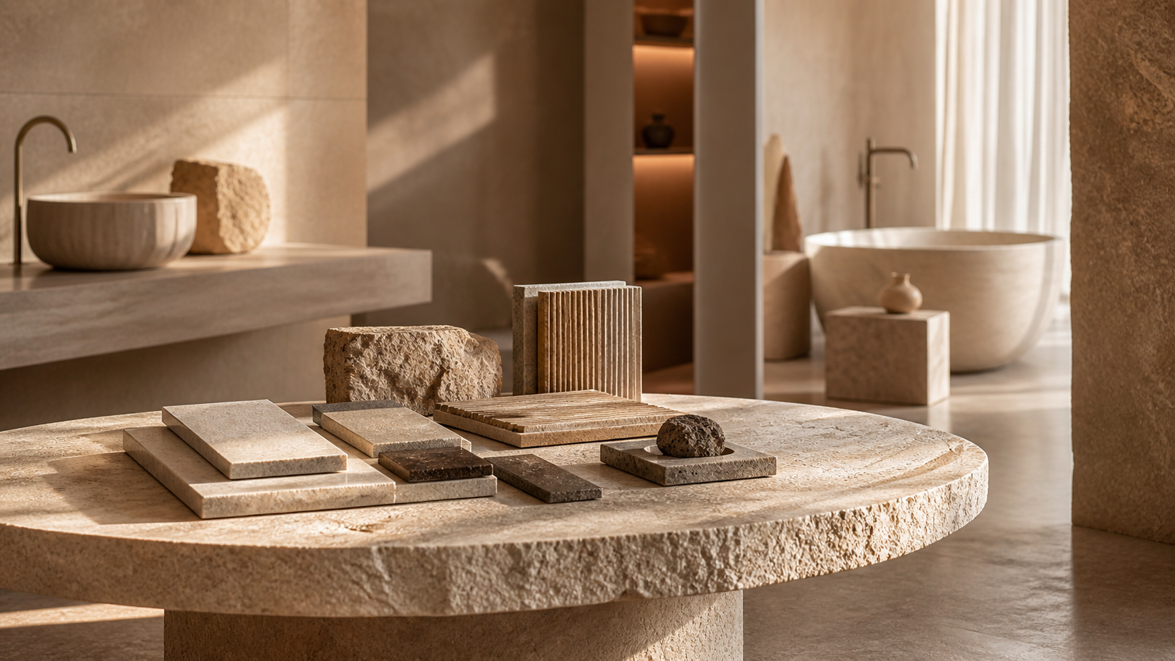 Warm OIXDESIGN interior scene with natural stone materials and sculptural furniture and bath design elements