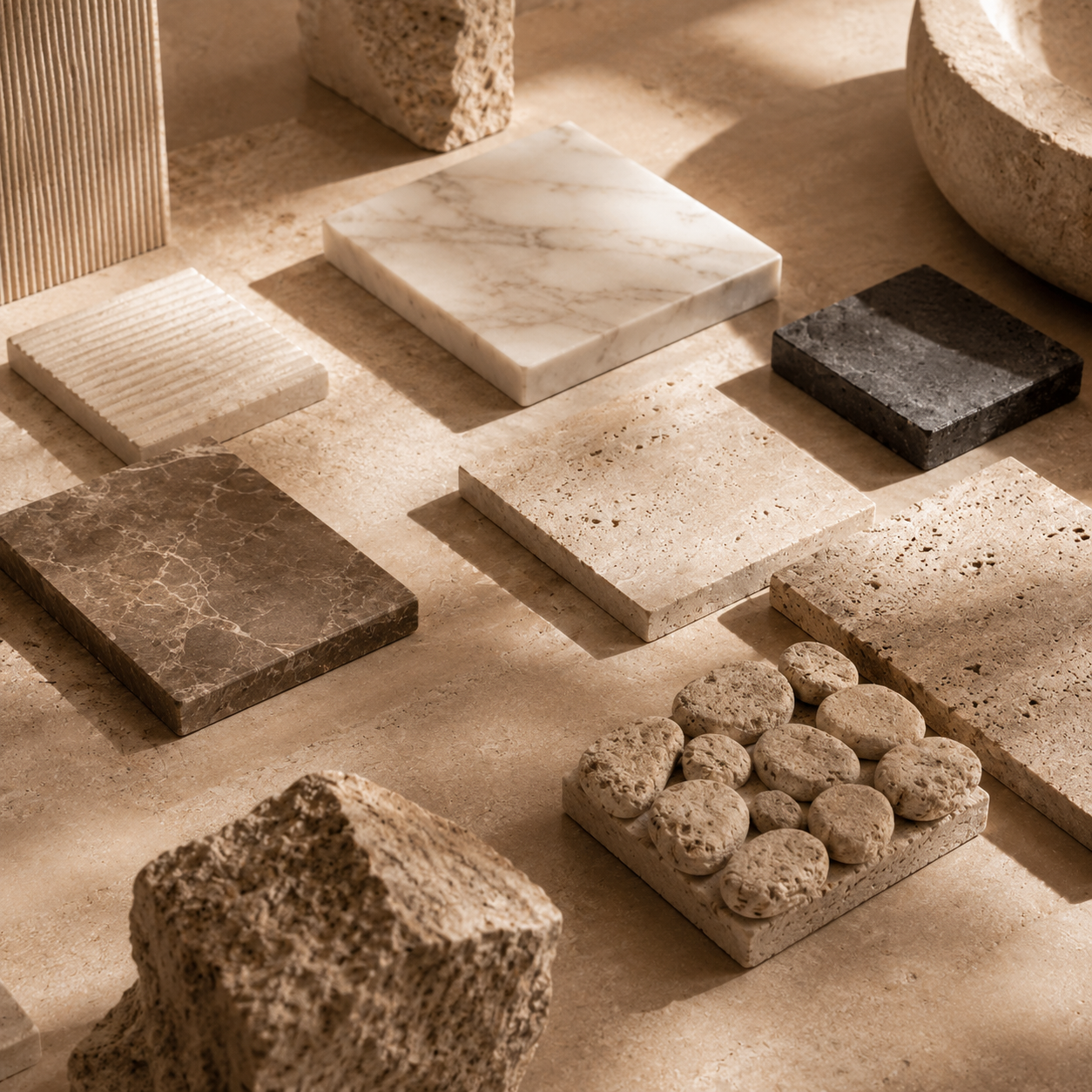 Assorted natural stone samples and textures arranged in warm light for OIXDESIGN material exploration